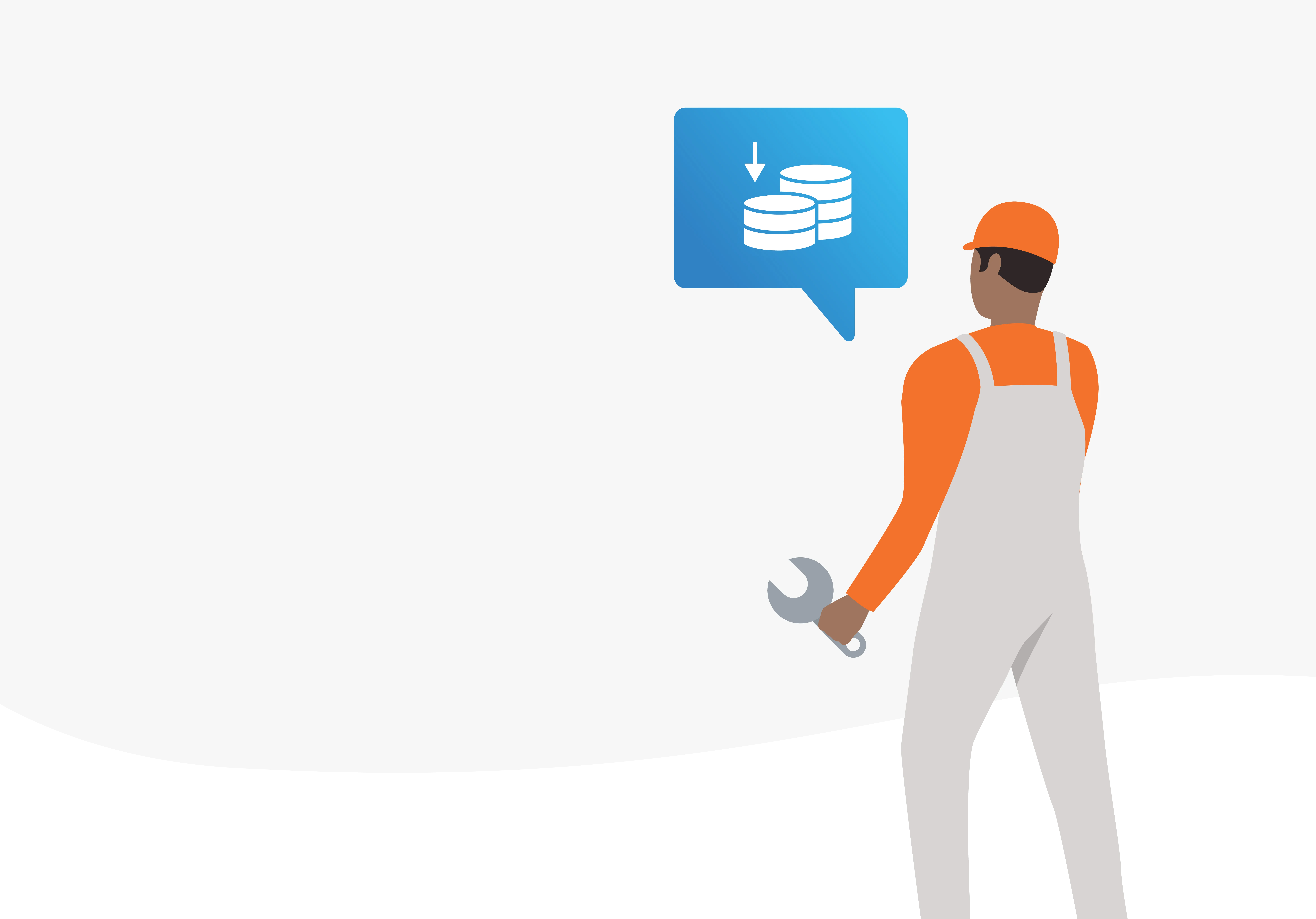 a facilities manager in overalls and a safety hat holds a spanner, illustration indicates that he is talking about reducing expenditure