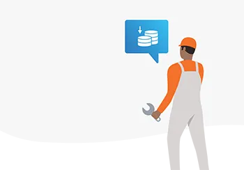 a facilities manager in overalls and a safety hat holds a spanner, illustration indicates that he is talking about reducing expenditure