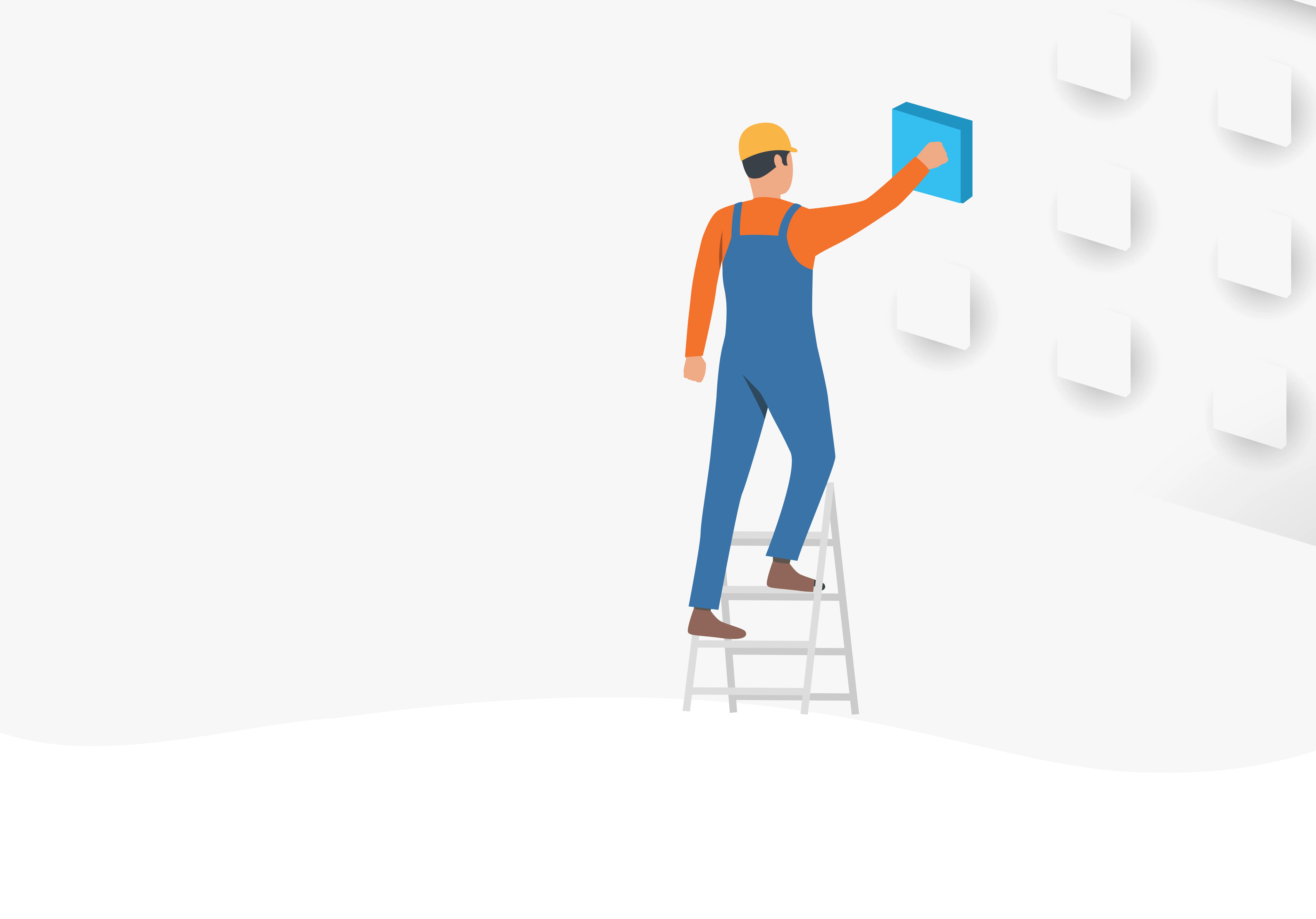 a facilities manager illustrated wearing blue overalls clicks an oversized application icon