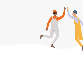 two facilities managers are illustrated to give each other a high five, both wearig protective overalls and hard hats.