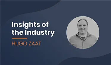 A navy blue rectange with "insights of the Industry" and "Hugo Zaat" on it, with a black and white headshot 