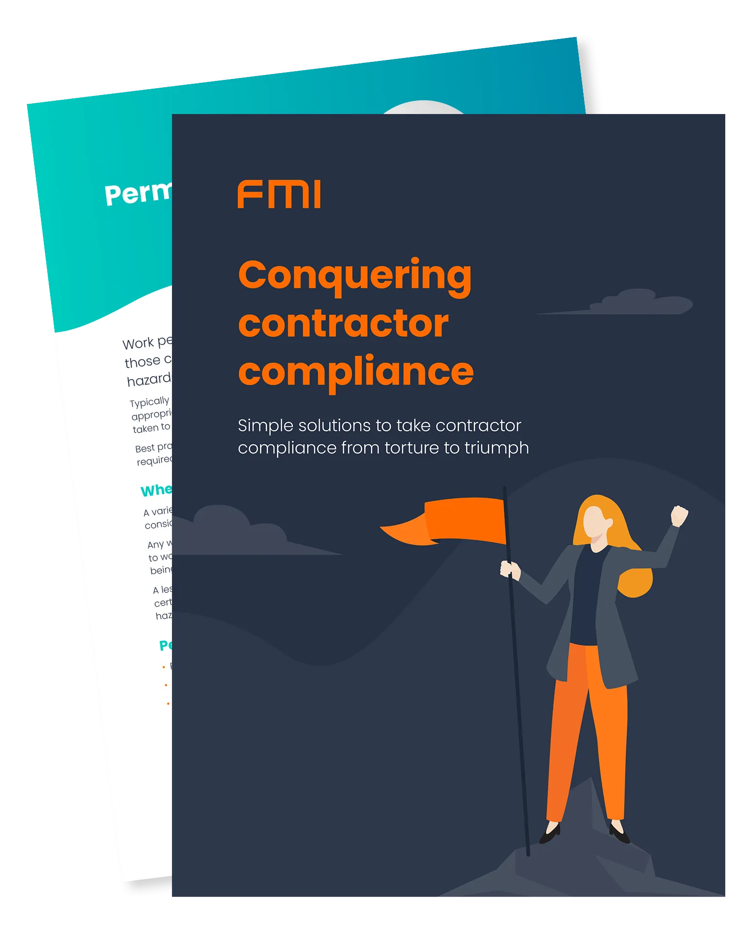 ebook splash image of the conquering contractor compliance ebook featuring a female FM in a suit, holding a flag marking the top of a mountain