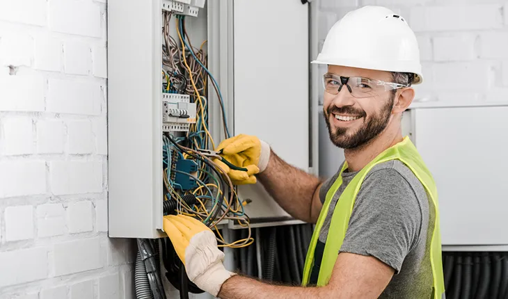 A master electrician in safety gear works on an open fuse box