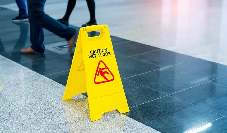 A yellow sign on dark blue tiles reading "caution wet floor" with an illustration of a person slipping