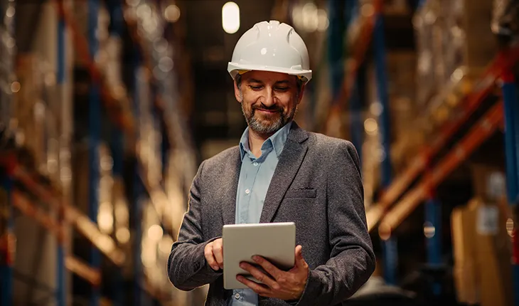 A facilities manager wearing a suit and a hard hat reviews asset data on an ipad and smiles to themselves