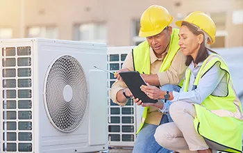 A facilities manager crouches down next to a HVAC unit with a contractor, showing them information on an ipad