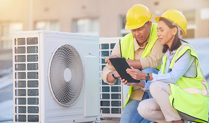 A facilities manager crouches down next to a HVAC unit with a contractor, showing them information on an ipad