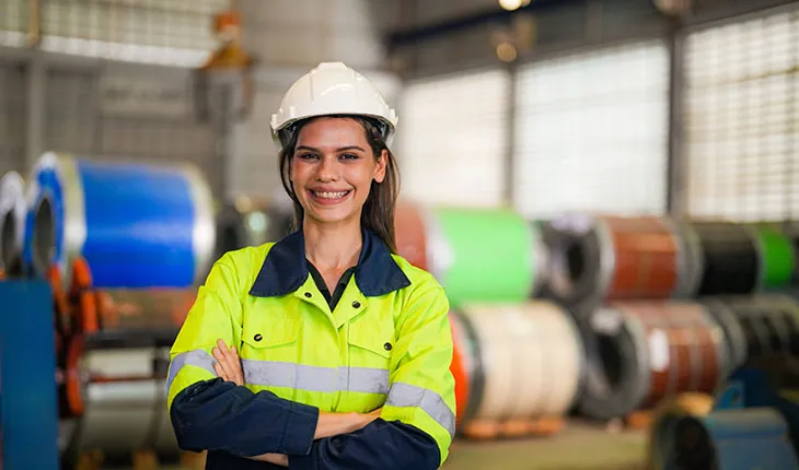An engineer wearing high vis and a white hard hat smiles at the camera with crossed arms