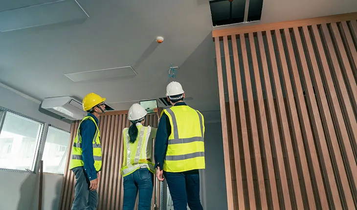three facilities team members take a photo of a smoke detector on a tablet, to complete a condition assessment