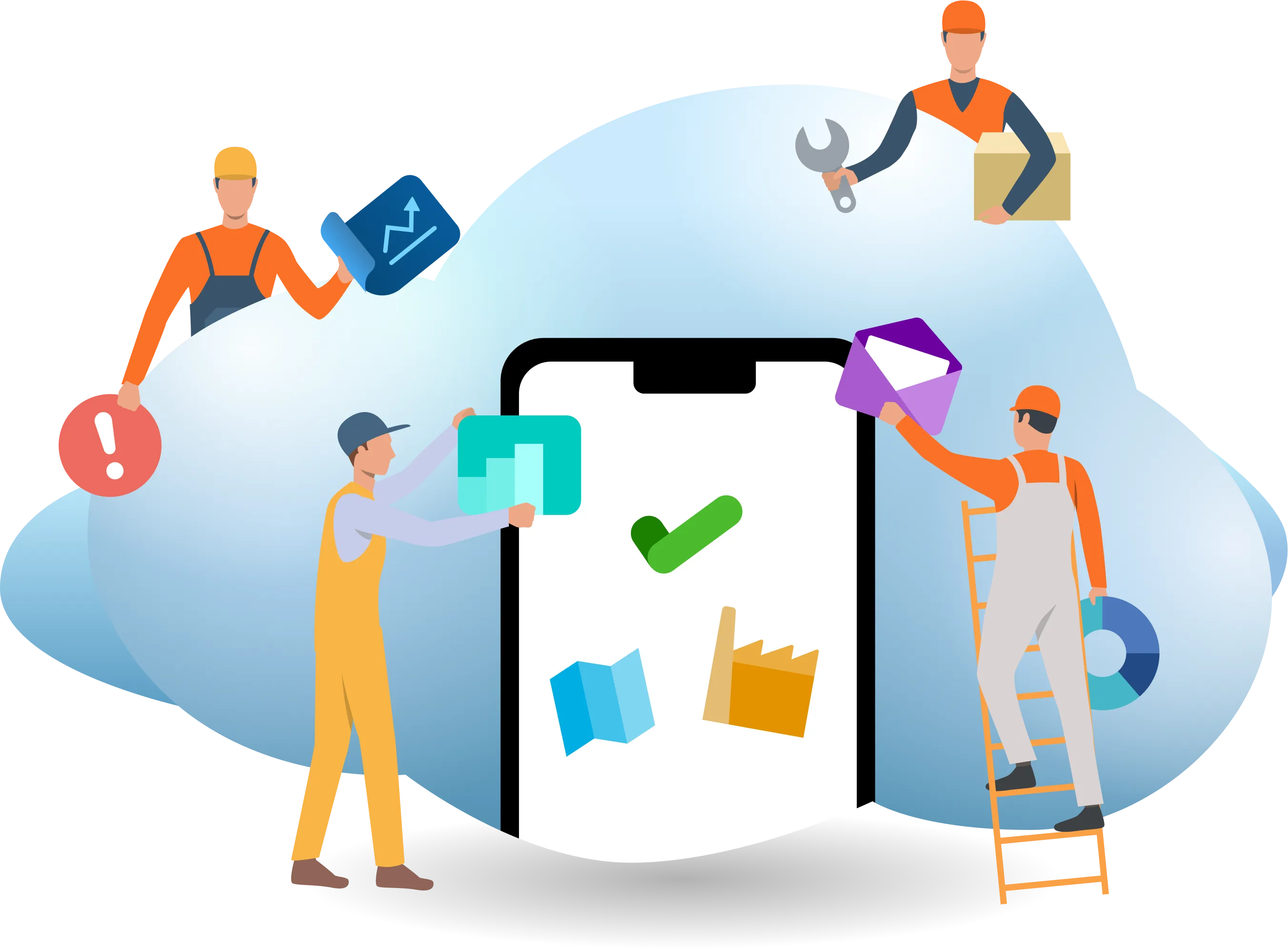 facility managers work together, getting data in and out of an illustration of a cloud.