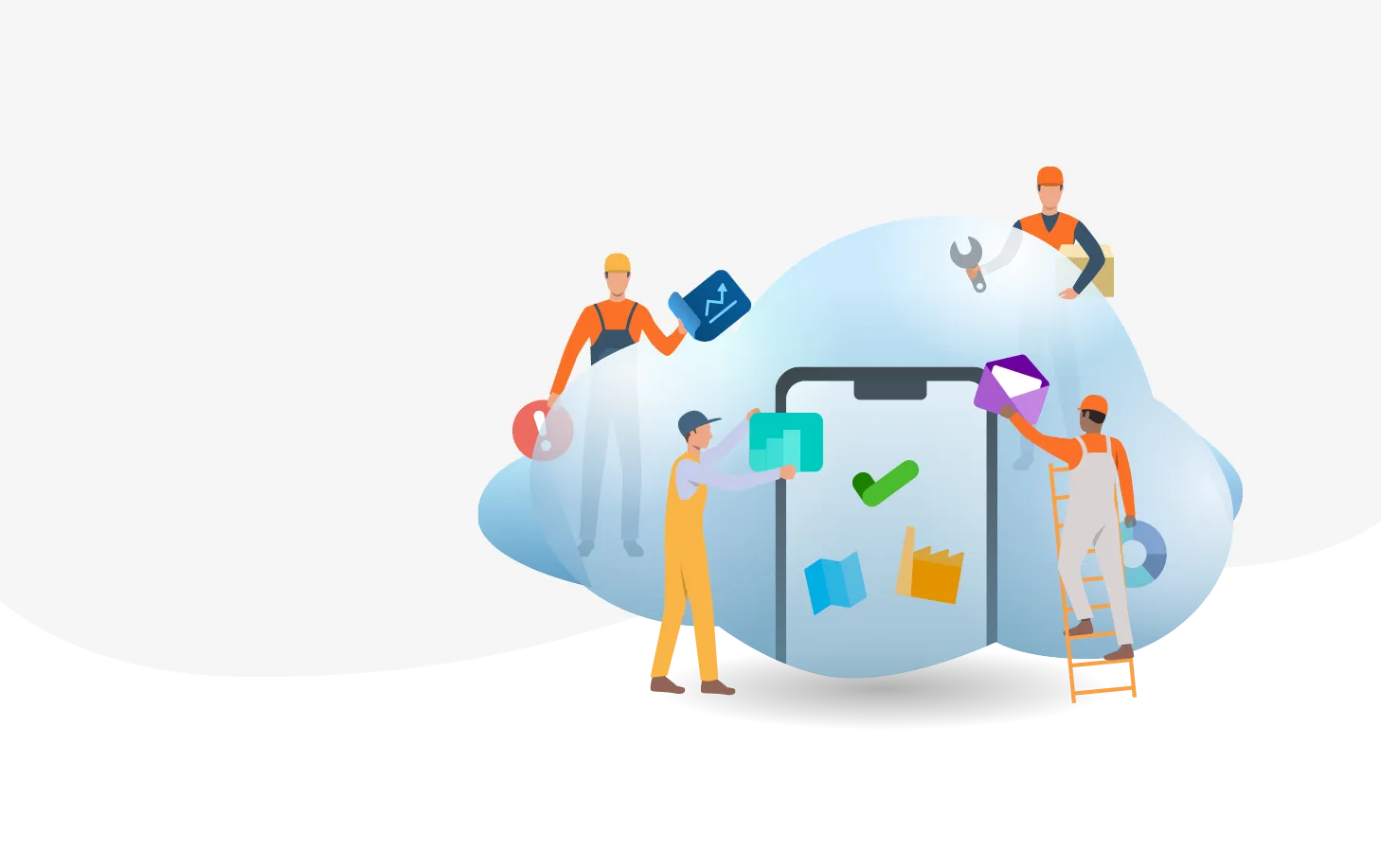 An illustration of facility managers woring with information stored in the cloud