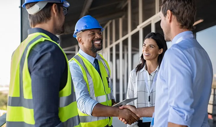 A contractor in a safety vest and hard hat shakes hands with a facility manager