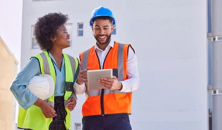 Two facility managers in high vis safety vests enjoy a lively discussion while looking at an ipad