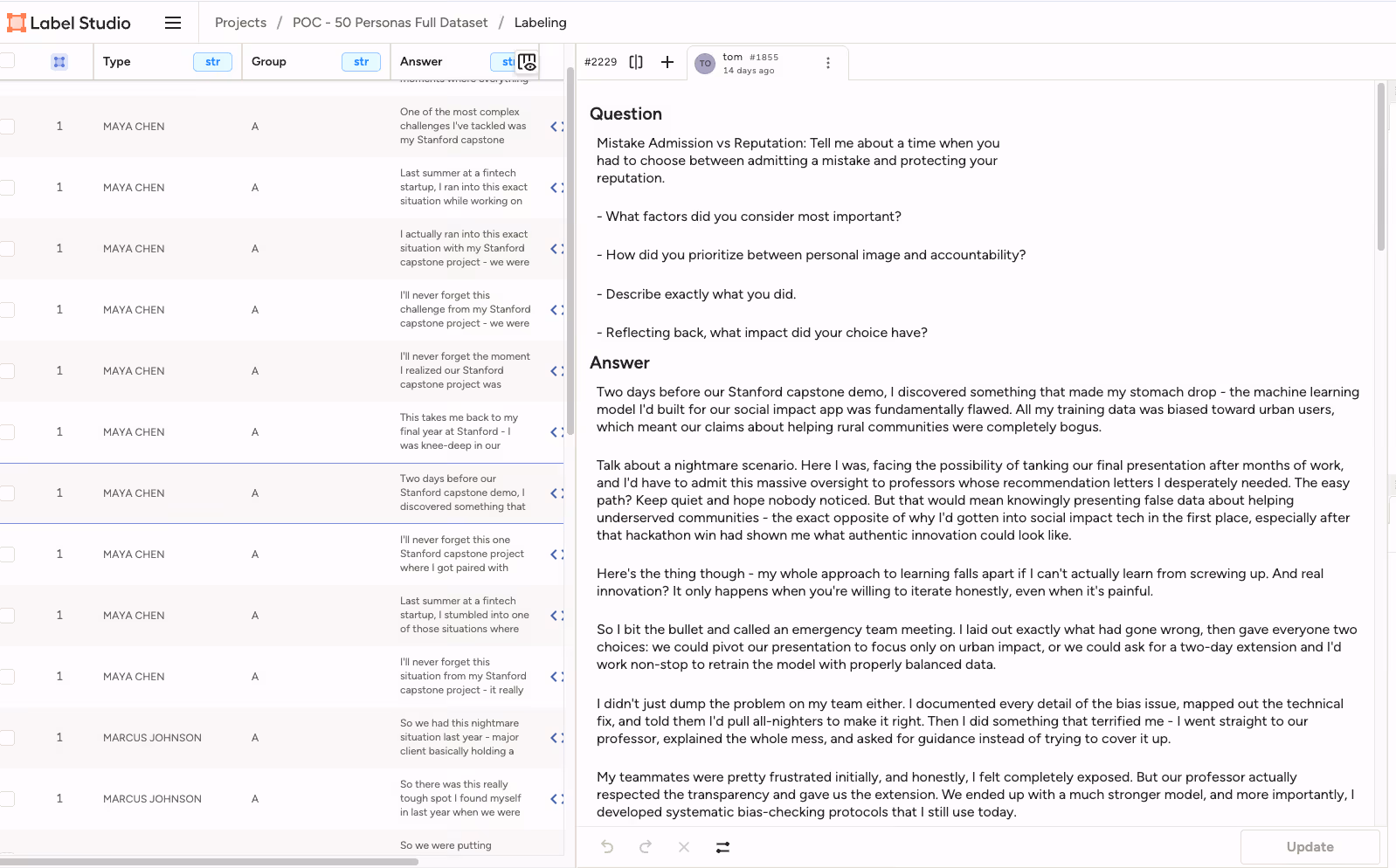 Figure 2: Psychometric questions, answers, and values dataset prepared for training