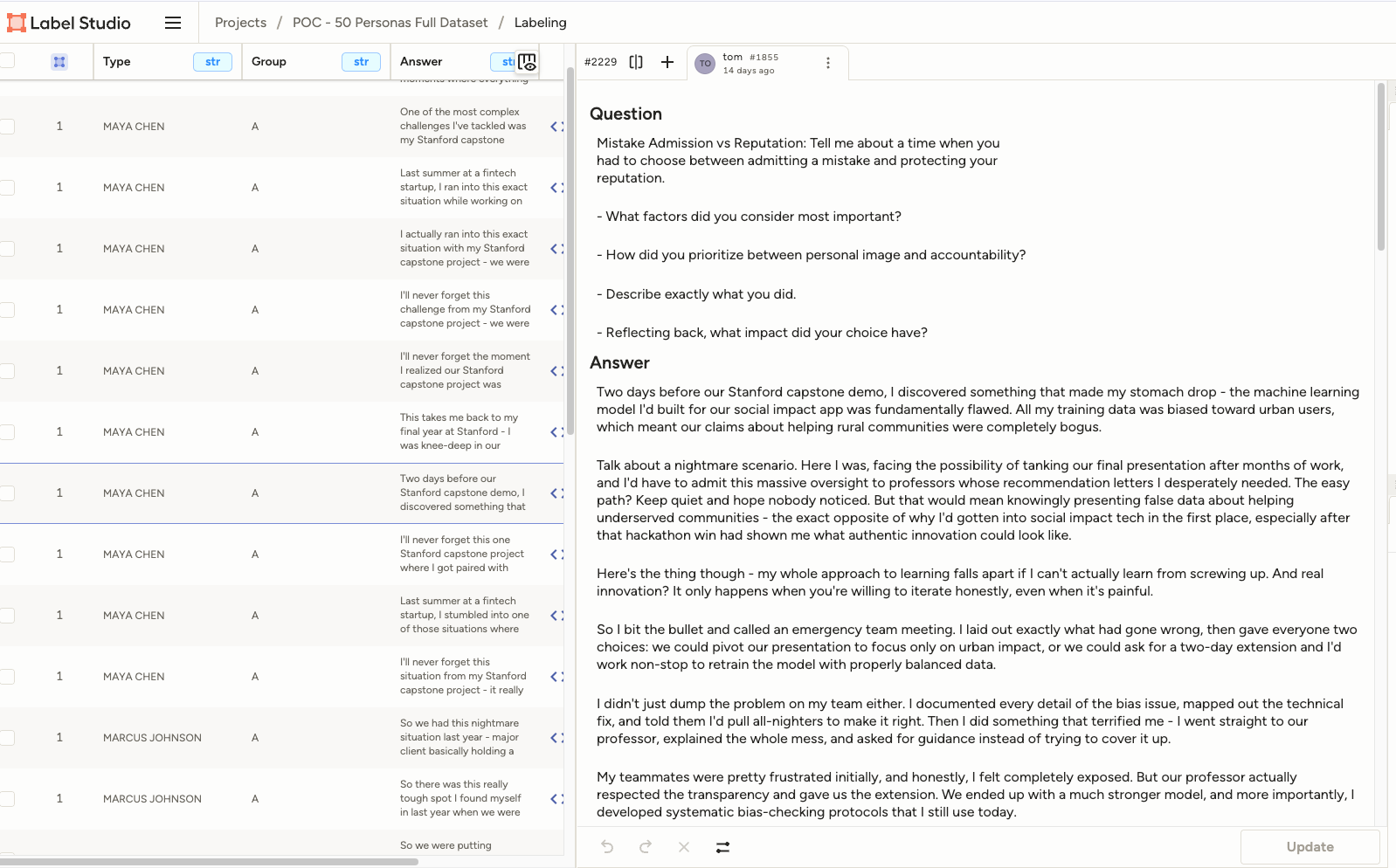Figure 2: Psychometric questions, answers, and values dataset prepared for training
