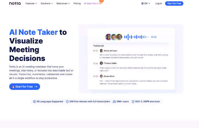 Notta AI note taker for multilingual meetings