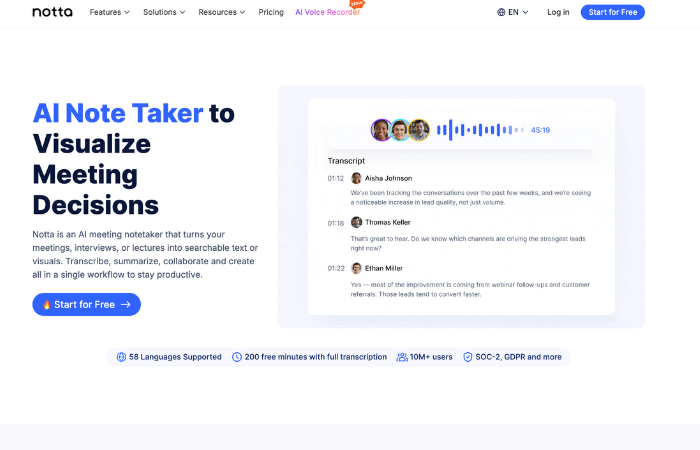 Notta AI note taker for multilingual meetings