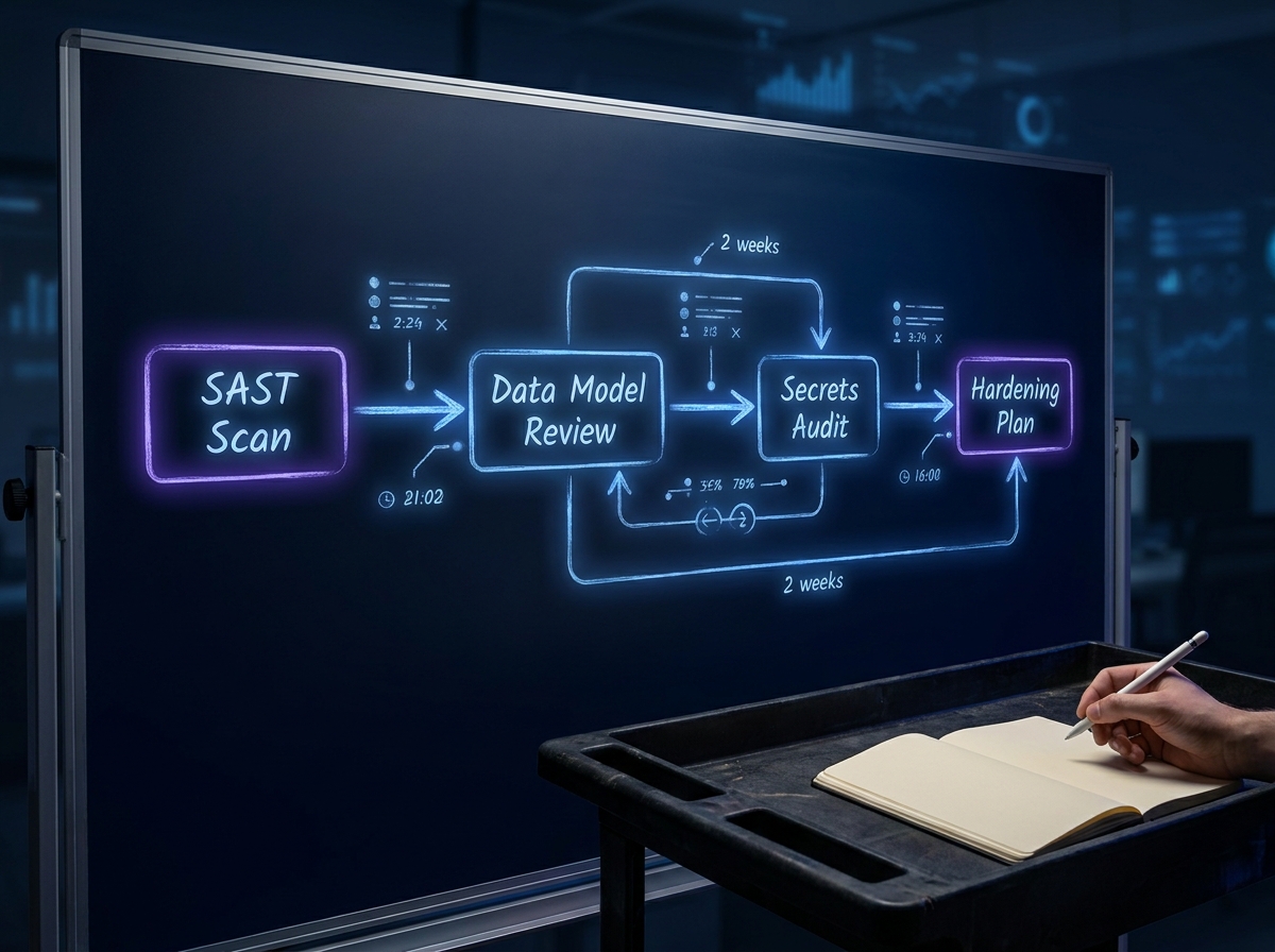 Architecture audit flowchart rendered as luminous Azumo Blue lines on a dark whiteboard surface, mapping a two-week vendor engagement sequence from SAST scan through hardening plan.