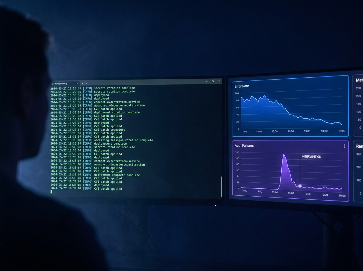 Split-screen terminal and metrics dashboard in a dark engineering environment, showing a production deployment log and security incident trend charts with a reviewer's silhouette in the foreground.