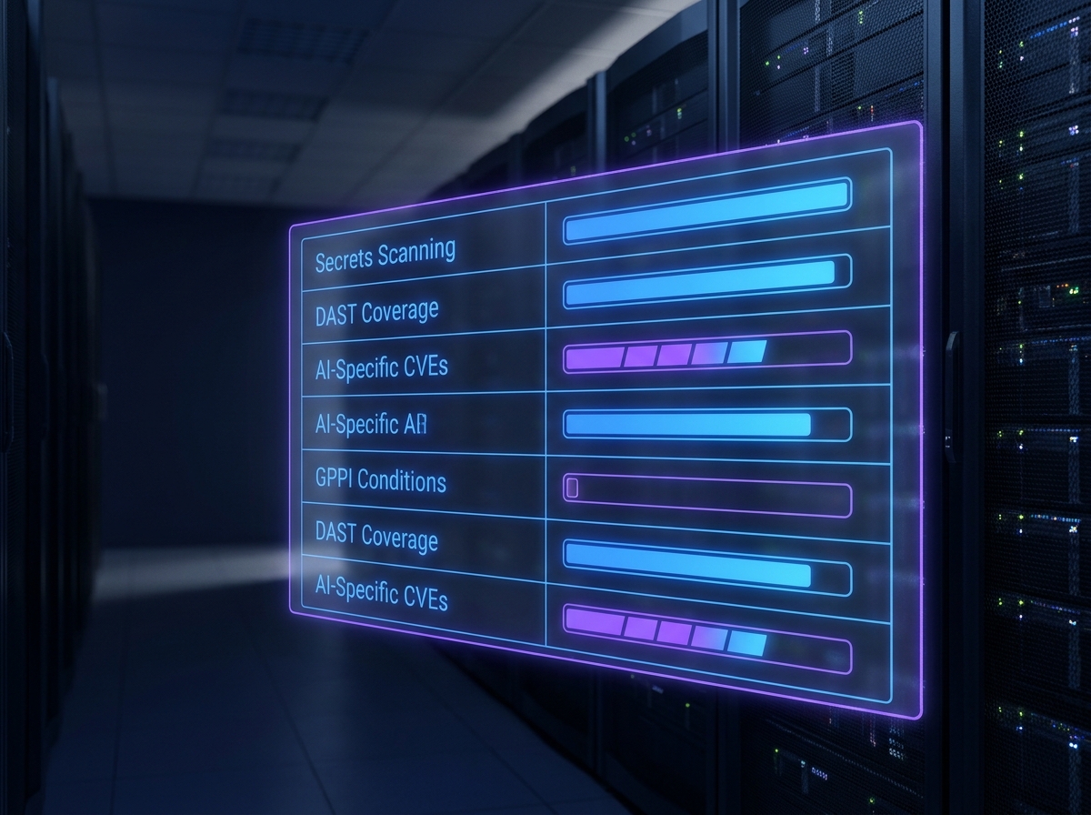 Holographic vendor scorecard panel floating in a dark server corridor, displaying comparative security capability bars for AI code auditing criteria in Azumo Blue and violet.
