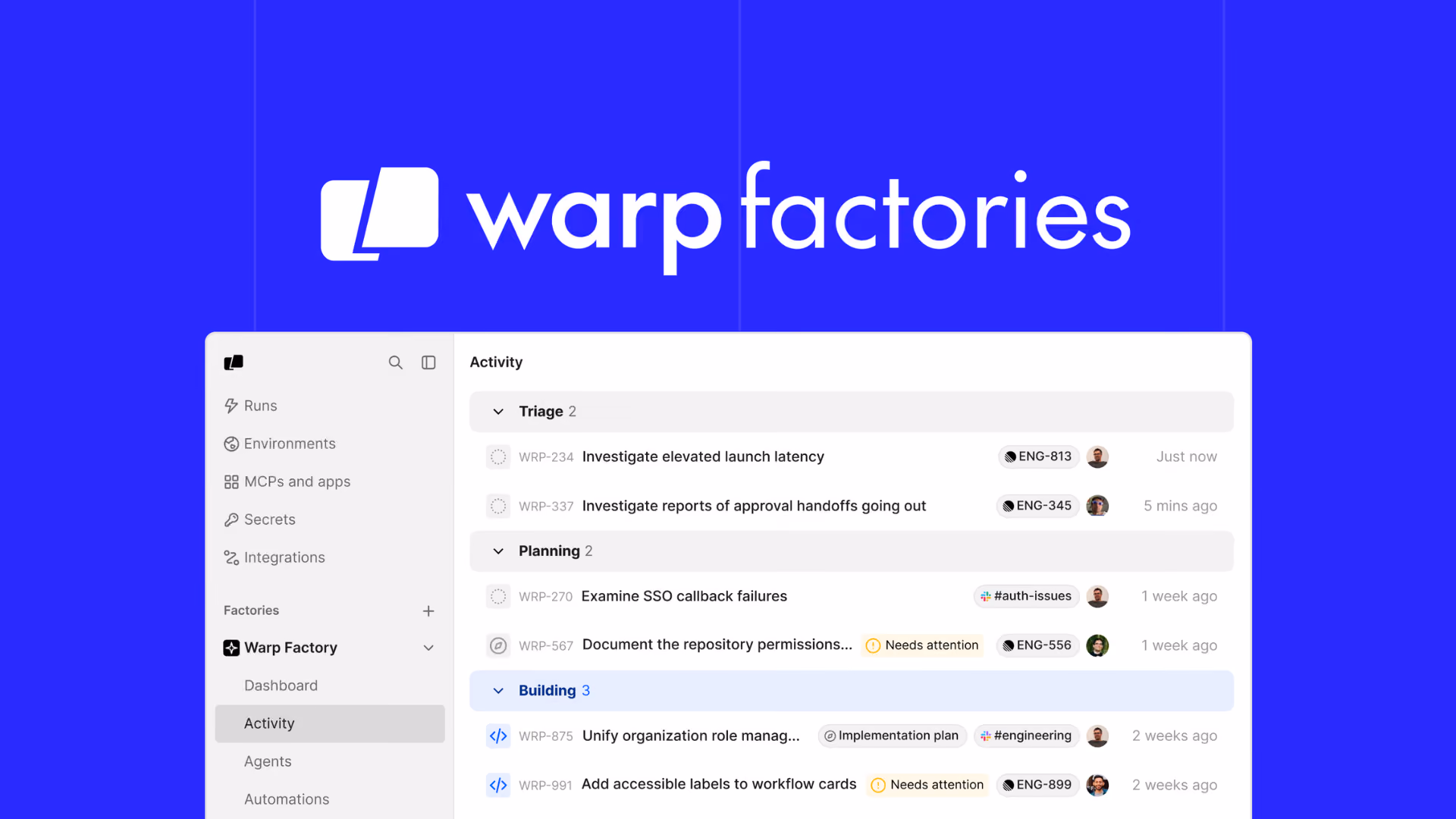 Warp Factories, cloud infrastructure for repeatable coding-agent pipelines