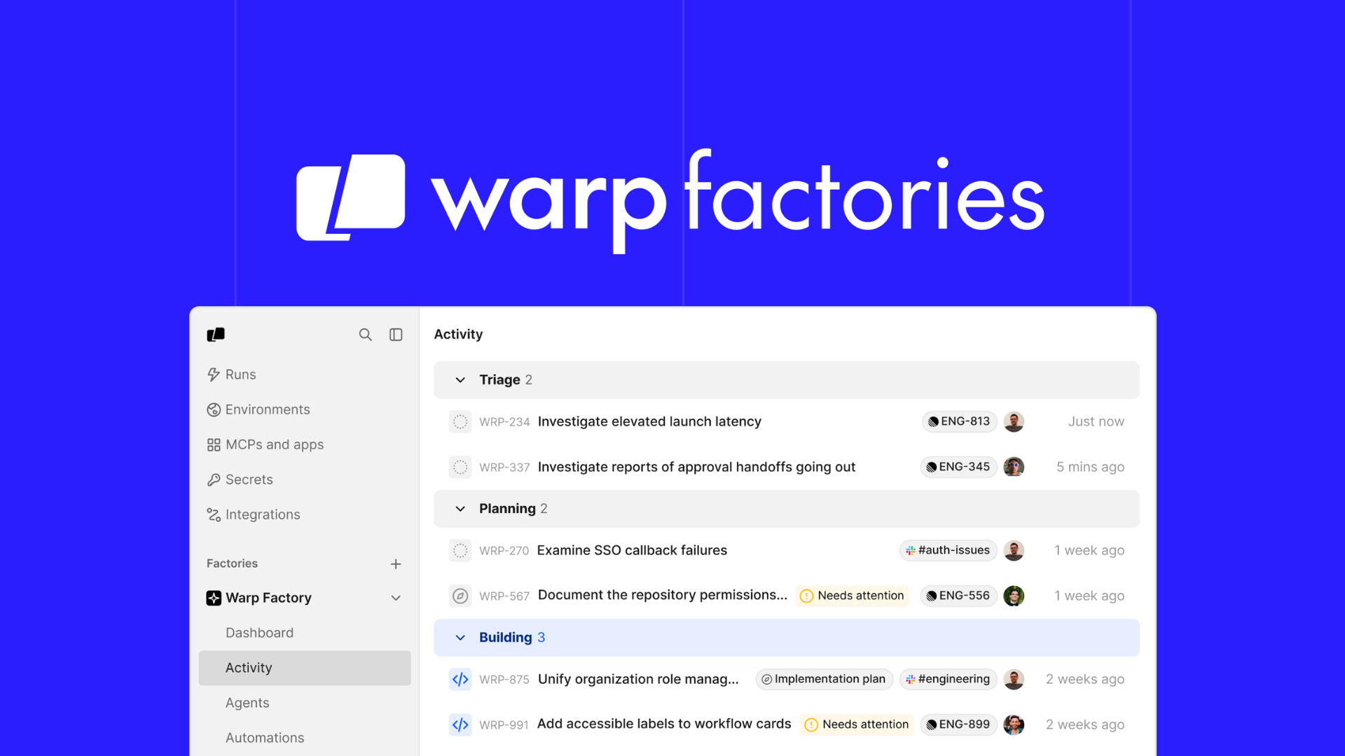 Warp Factories, cloud infrastructure for repeatable coding-agent pipelines