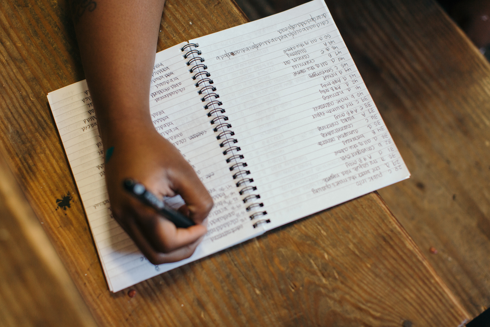 A photo from above of a hand writing a list in a journal.