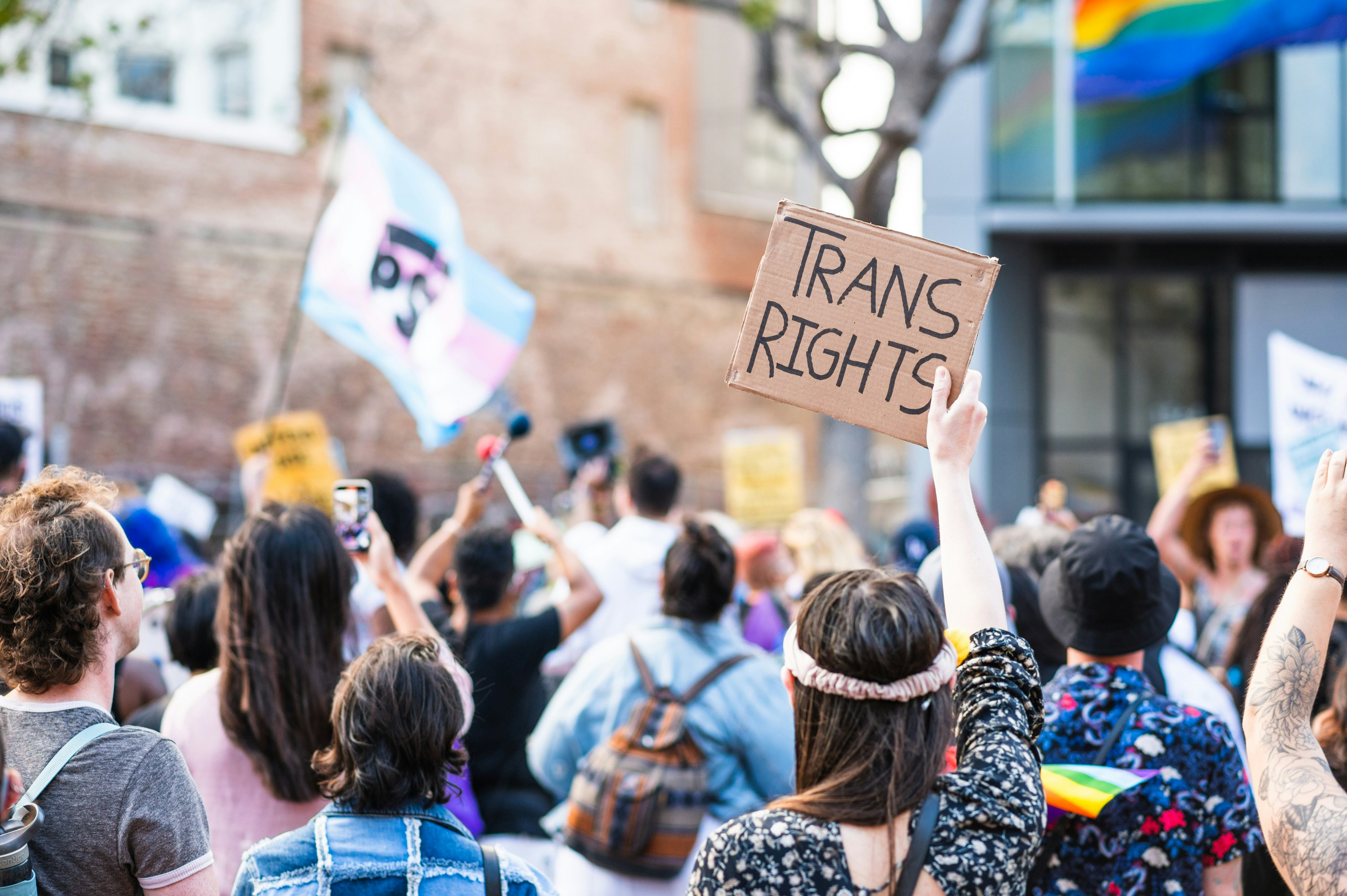 Protestors photographed from behind – one holding a sign saying "Trans Rights".