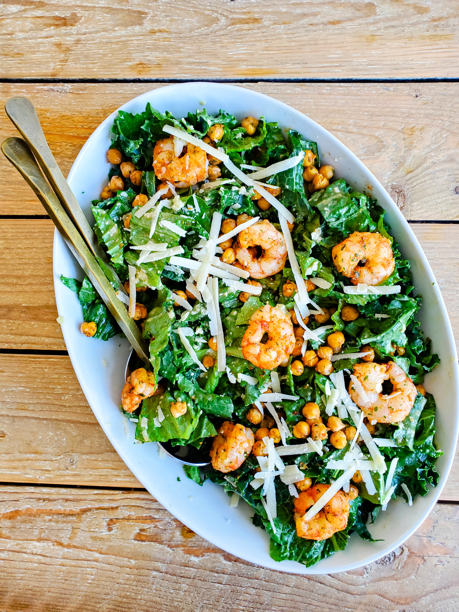 Easy Kale Caesar with Shrimp and Chickpeas