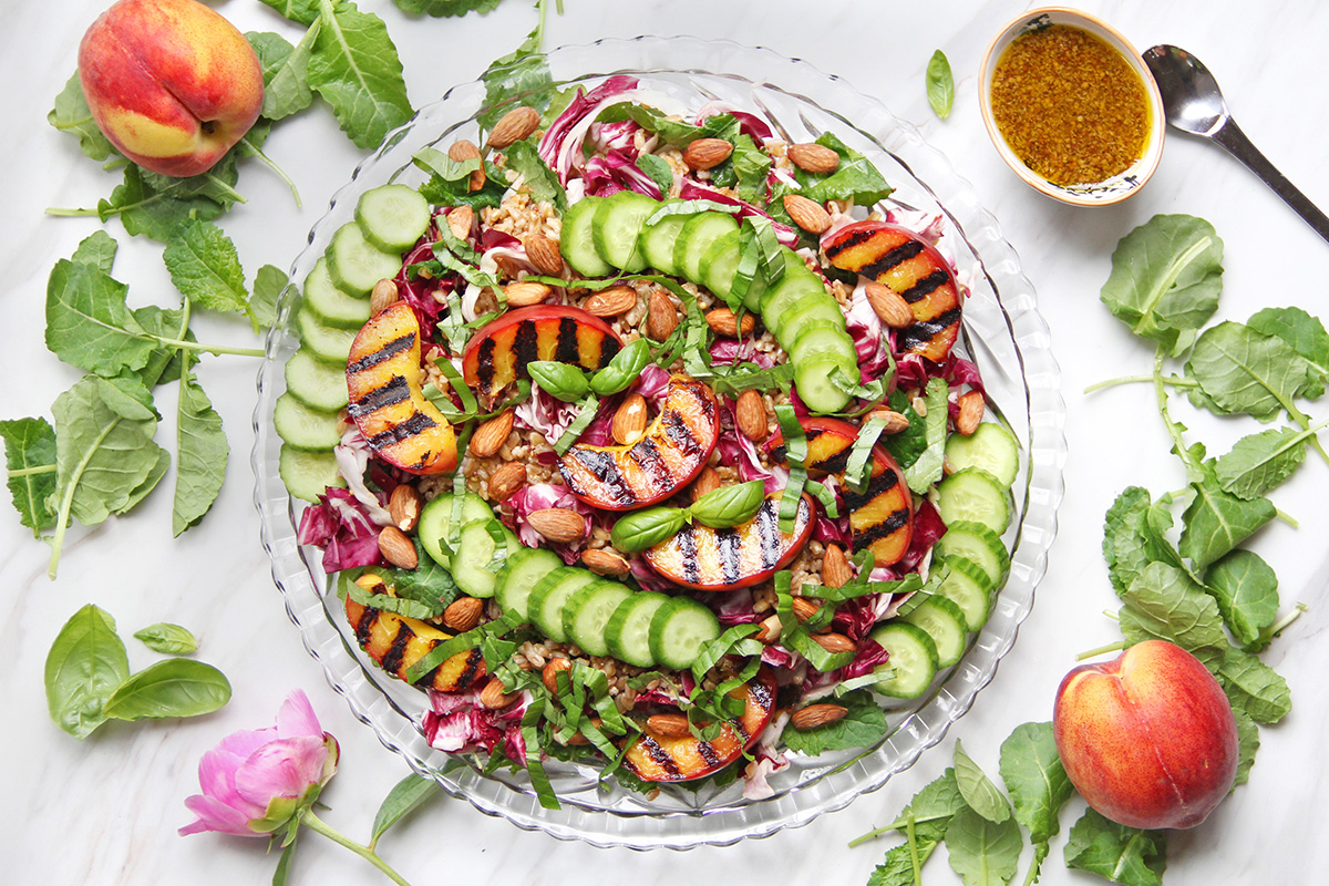 Summer Grilled Peach and Farro Salad with Basil