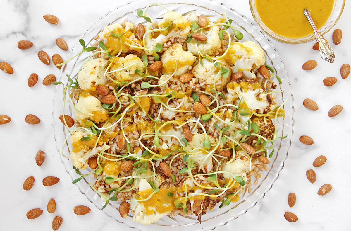 Roasted Cauliflower and Farro Salad with Lemon Turmeric Sauce