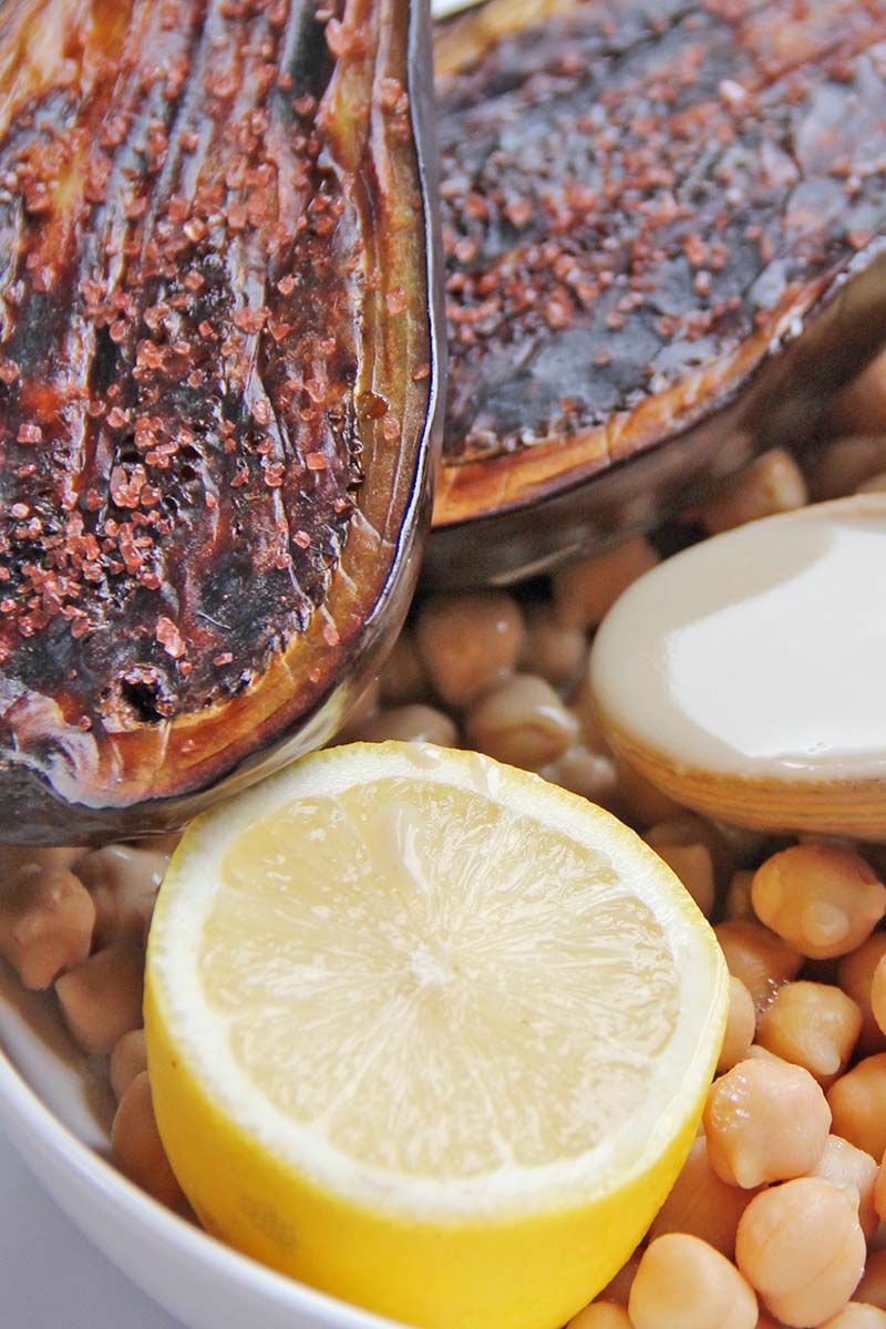 Close-up of the ingredients for eggplant hummus: charred eggplant, chickpeas, tahini, and lemon.