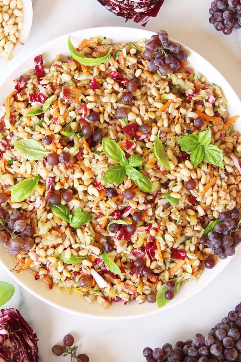 Close-up of a summer farro salad with abundant, colorful, grated vegetables (zucchini, carrots, radicchio).