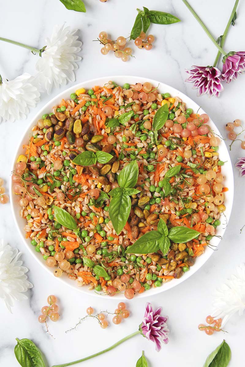 Close-up of a summer farro salad topped with pistachios, basil, and currants.