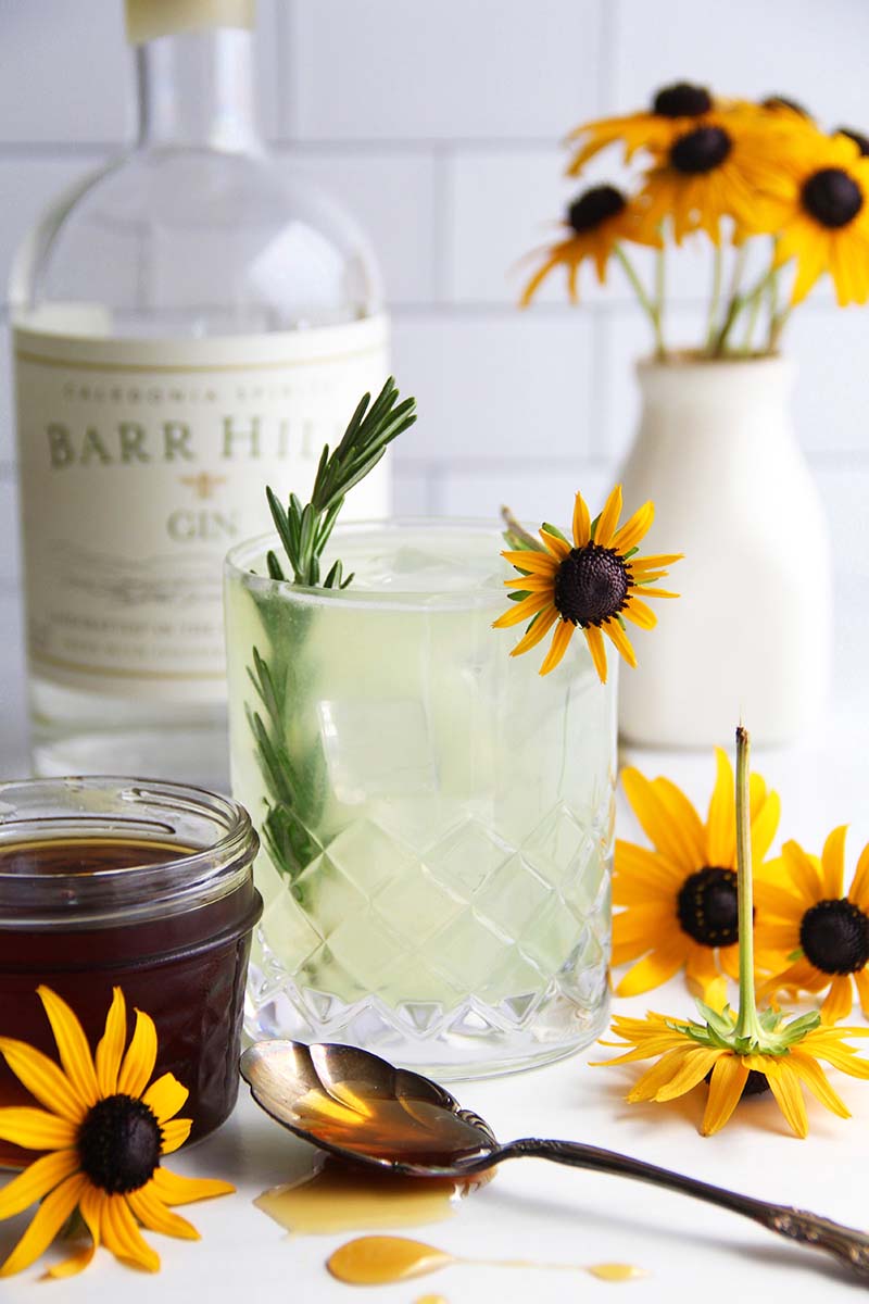 Maple rosemary gimlet cocktail, shown with a bottle of gin and fall flowers.