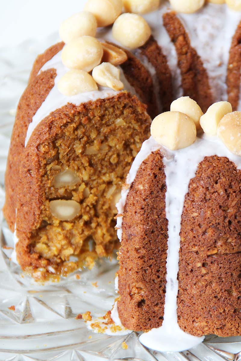 Close-up of the texture of an oat flour blender pumpkin cake, showing the fluffy but hearty crumb.