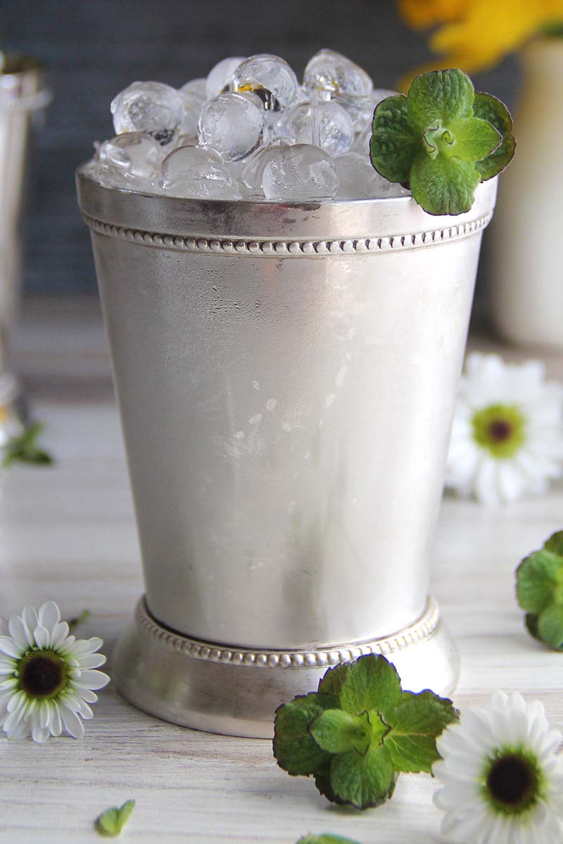 Close-up of a classic mint julep in a frosty silver glass, garnished with a sprig of mint.