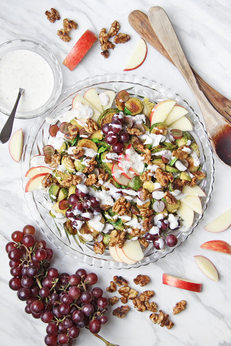 Vegan salad dressing recipe using yogurt, shown on a Waldorf salad