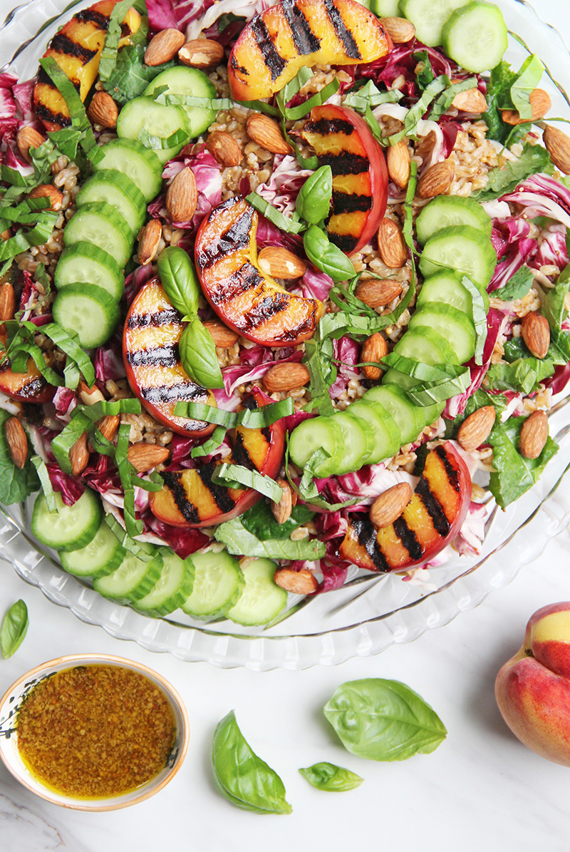 A healthy salad dressing recipe for summer, shown with fresh peaches