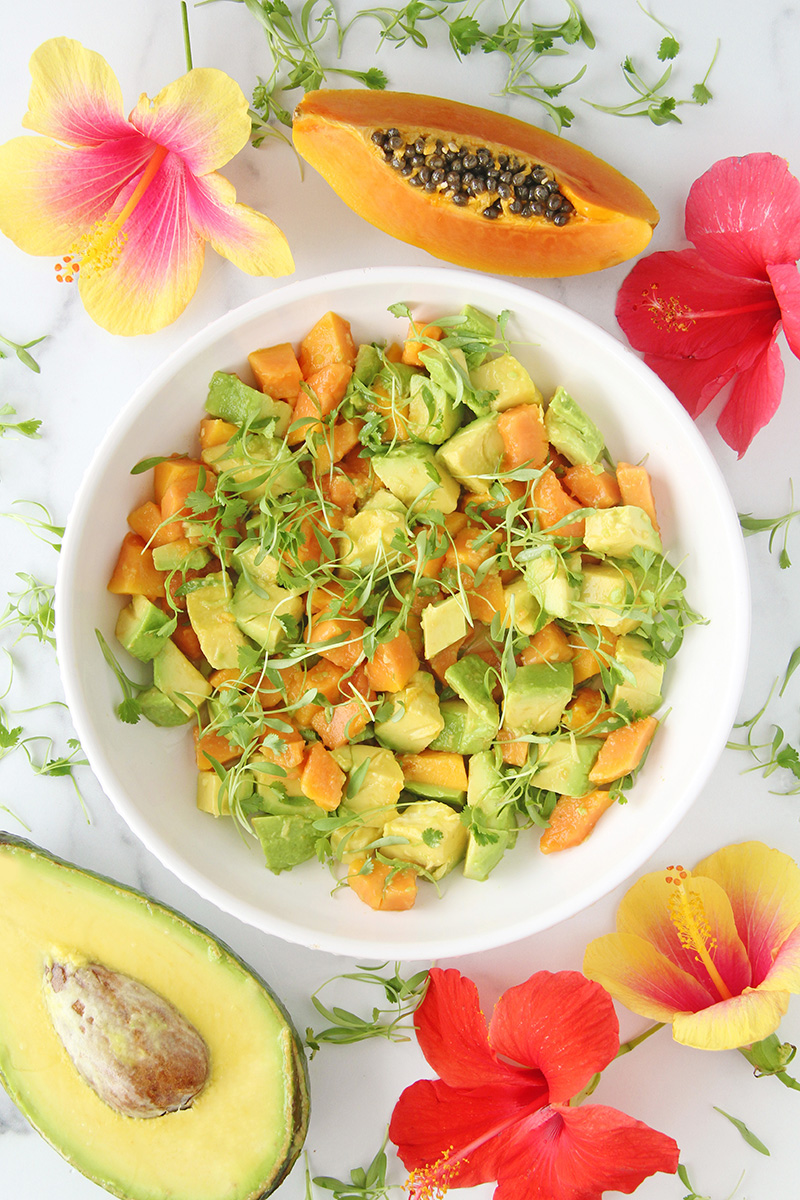 Bowl of avocado papaya salsa, shown next to a papaya half, an avocado half, and tropical flowers.