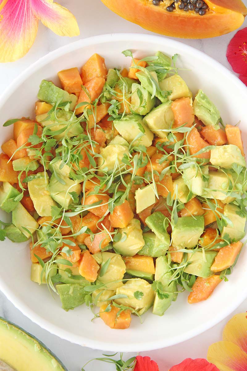 Serving bowl of avocado papaya salsa topped with micro cilantro.