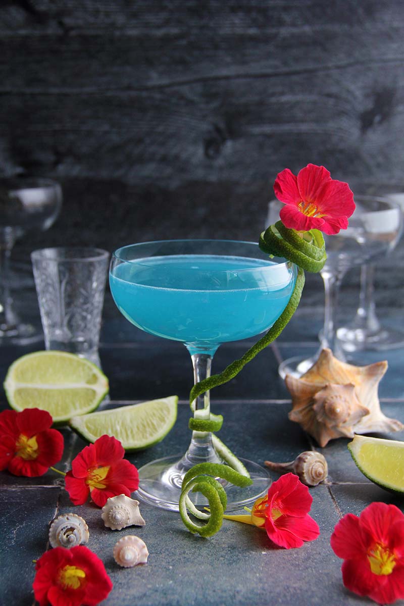 Blue Coconut Daiquiri, shown next to extra coupe glasses and sea shells.