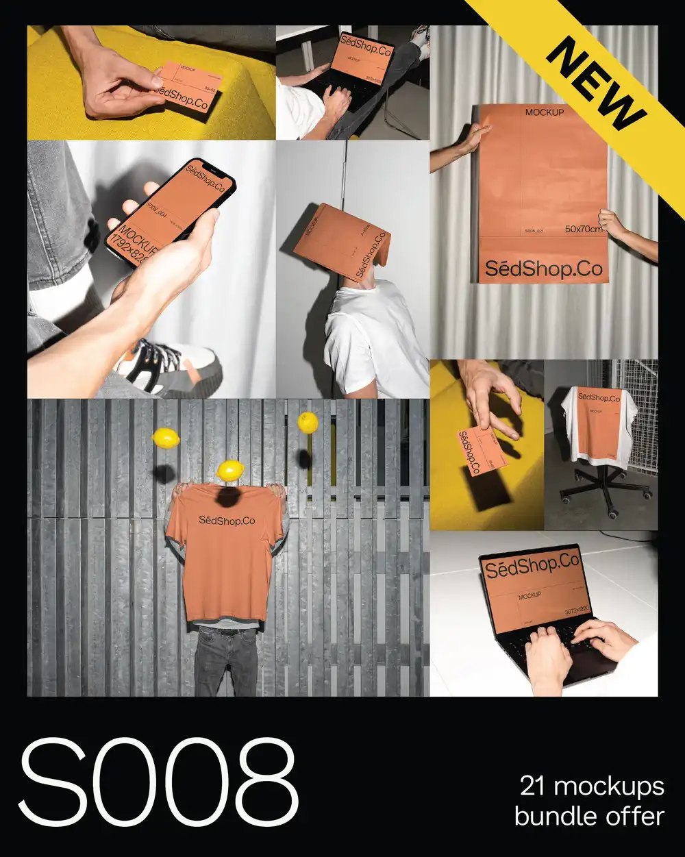 A promotional image for SédShop.Co’s Season 008 – Touchpoints mockup collection, showing a collage of 21 flash-lit mockups featuring posters, t-shirts, business cards, and digital screens in modern, minimal scenes.