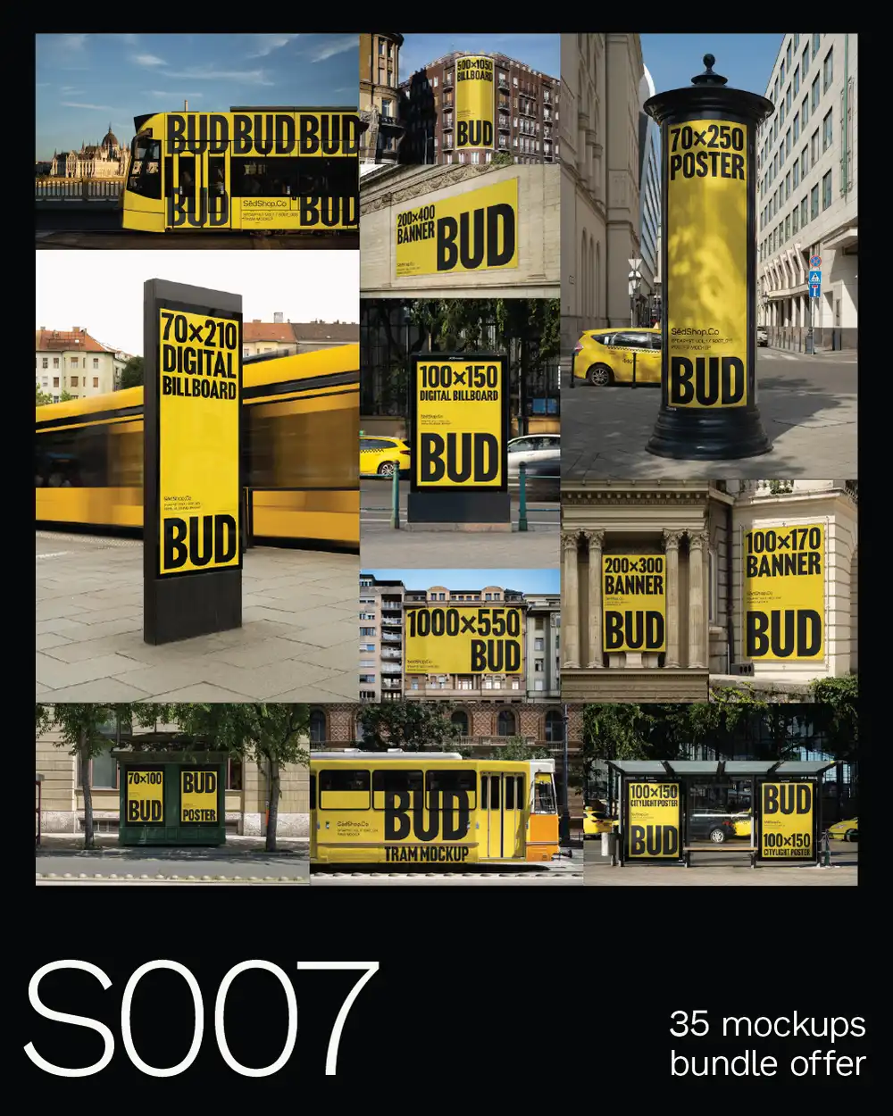 Collage of 35 varied print mockups, featuring posters and cards in different settings, labeled 'S007 Bundle'.