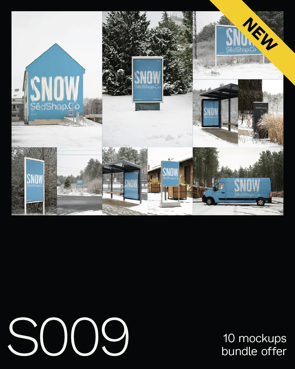 Season 009 Snow mockup bundle cover showing 10 snowy outdoor mockups, including billboards, posters, signs, and a van, photographed in soft diffused overcast light.
