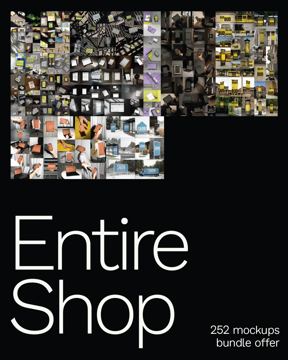 Extensive collection of 252 mockups from 'Entire Shop', featuring diverse product presentations, as part of a comprehensive bundle offer.