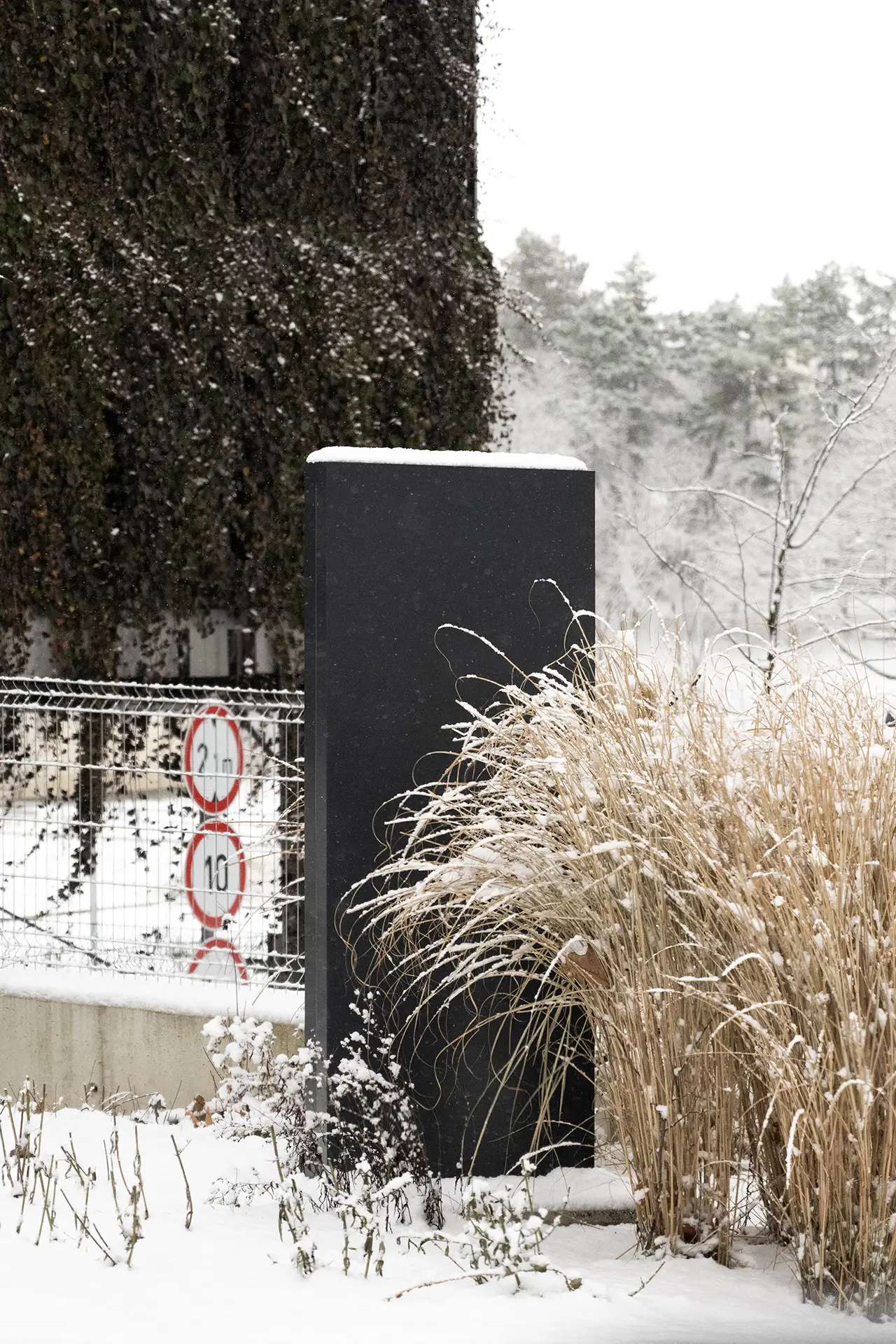 Blank vertical outdoor sign mockup in a snowy setting with tall grass, frosted foliage, and soft diffused overcast light.
