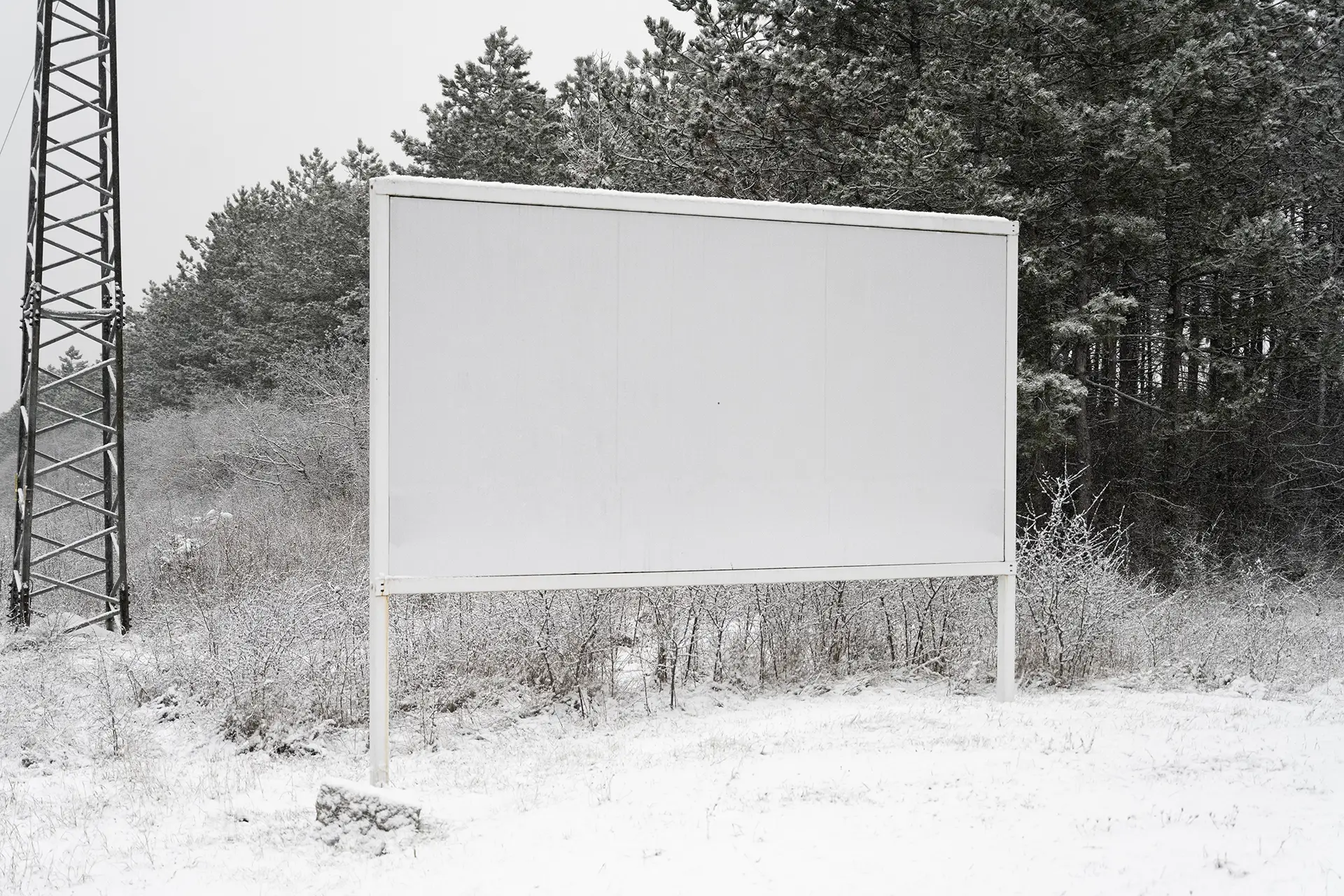 Blank wide outdoor billboard mockup in a snowy forest landscape with soft diffused overcast light.