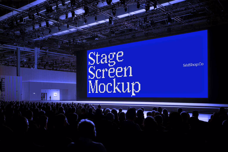 A conference stage LED screen showing a blue gradient design above an audience at an event.
