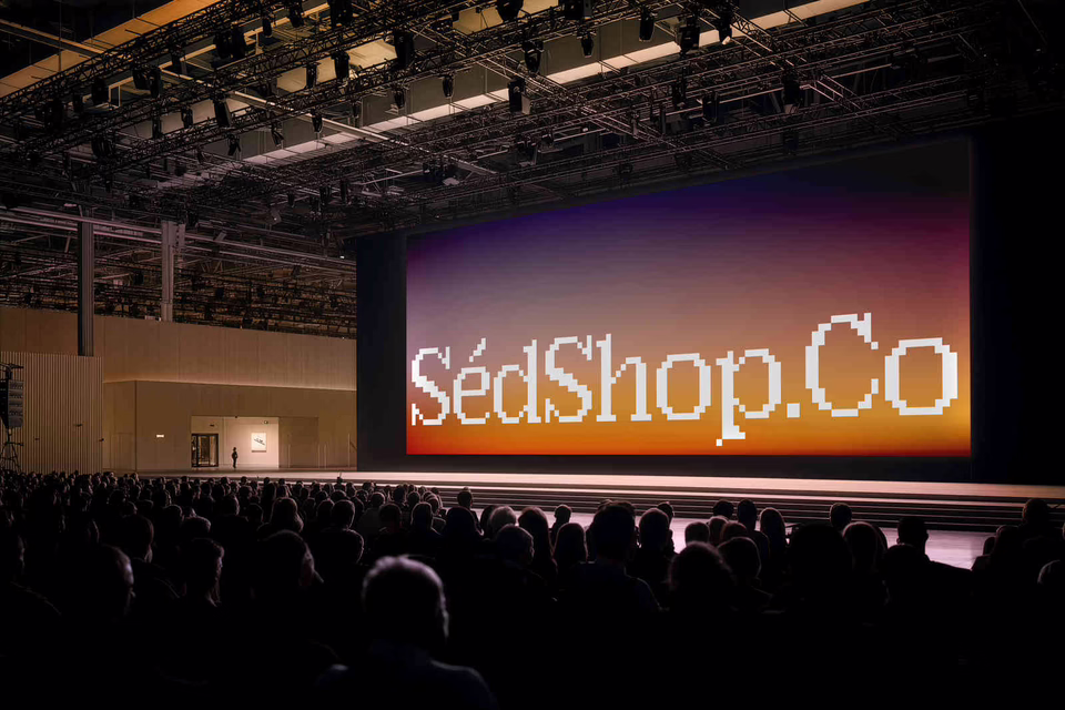 A massive conference stage LED screen showing the SedShop.Co logo above an audience at an event.